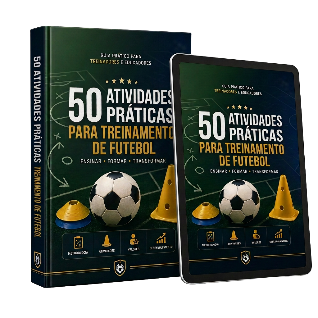 Mockup do material digital 50 Treinamentos de Futebol em livro e tablet